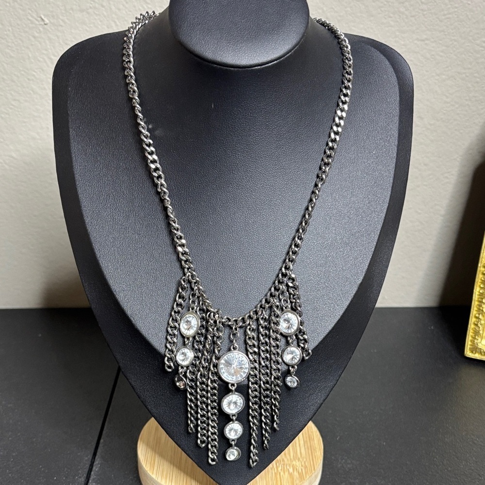 Avenue Rhinestone Dark Silver Gun Metal Chain Statement Party Necklace